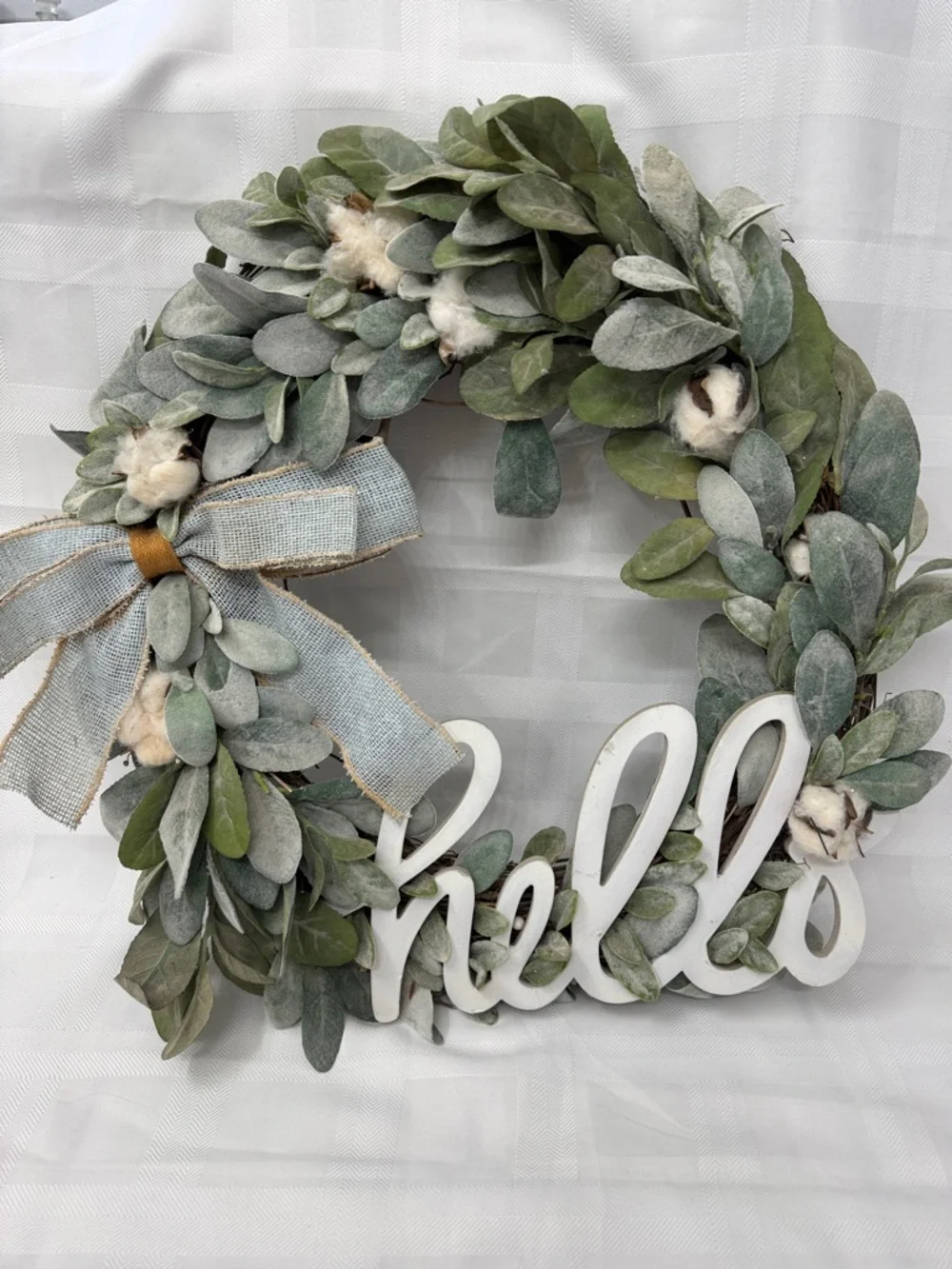 Farmhouse 'Hello' Cotton Greenery Grapevine Wreath w/ Blue Burlap Bow